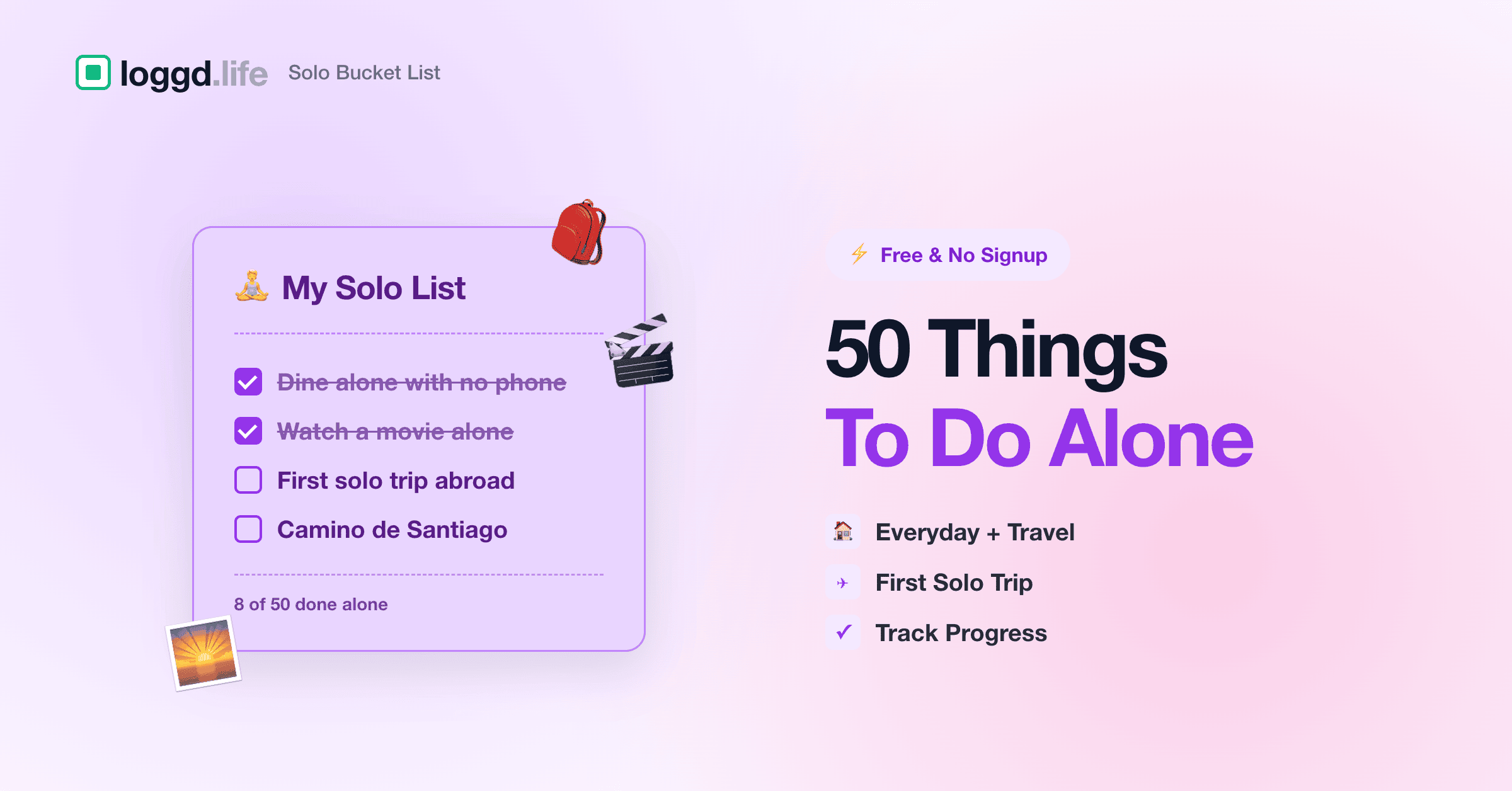 A solo bucket list with backpack and travel icons, illustrating activities done alone at home and abroad